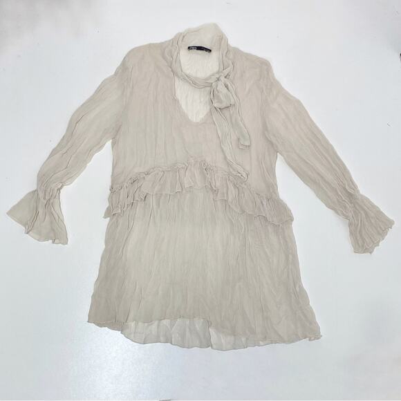 Zara Neck Tie Ruffle Long Sleeve Sheer Chiffon Mini Dress, Tunic V Neck Bone L - Picture 1 of 8